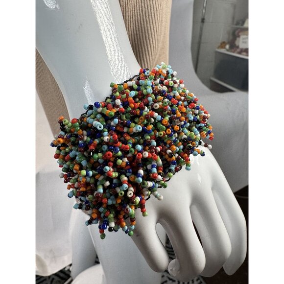 Multicolor Beaded Cuff Bracelet Handmade Elastic Boho Style Elastic Statement Je - Picture 14 of 16